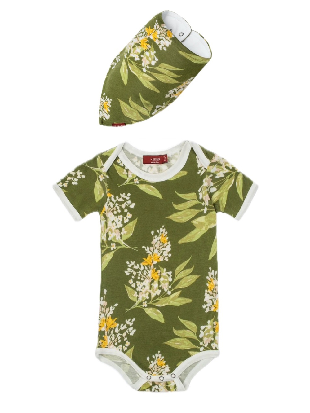 Milkbarn Green Floral Bamboo Short Sleeve One Piece 3-6M & Bib NWT